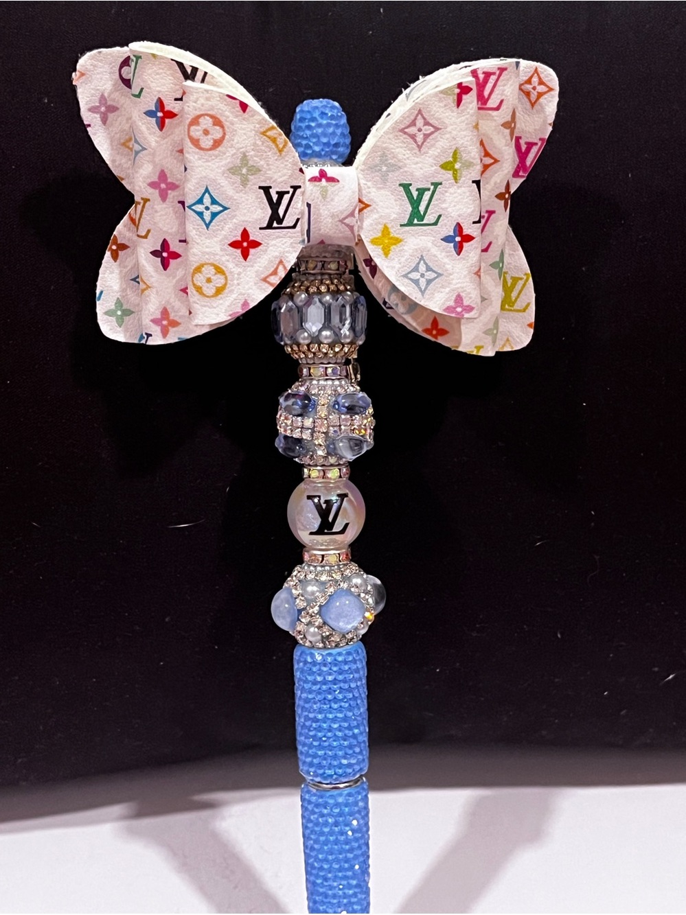 One of a kind Louis Vuitton custom designed leather bow focal fancy beaded pen